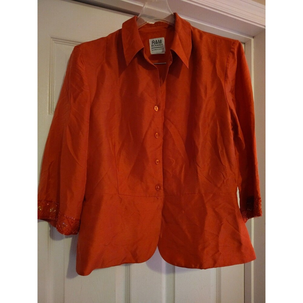 R&M Richards Women’s Orange Collared Button-Front 3/4 Sleeve Silk Blouse 12